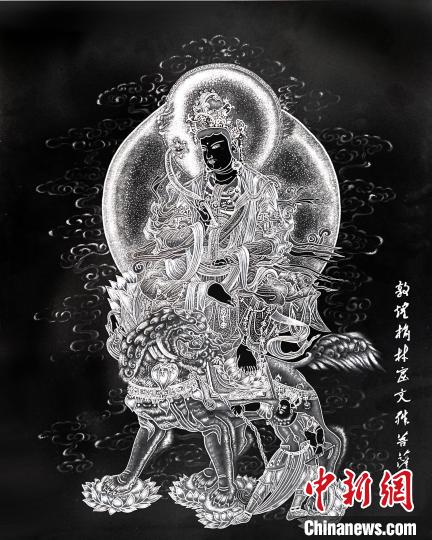 圖為朱增平創(chuàng)作的鍥金畫(huà)《敦煌榆林窟文殊菩薩》。(資料圖) 受訪者供圖