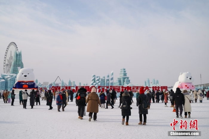 1月4日，第25屆哈爾濱冰雪大世界內(nèi)的冰雕吸引游客觀看。白天的冰雪大世界，游客仿佛置身現(xiàn)實(shí)版“冰雪奇緣”。<a target='_blank' href='/'><p  align=