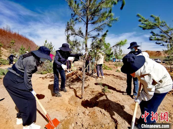圖為西寧市城東區(qū)干部職工參加義務植樹。　張?zhí)砀?攝