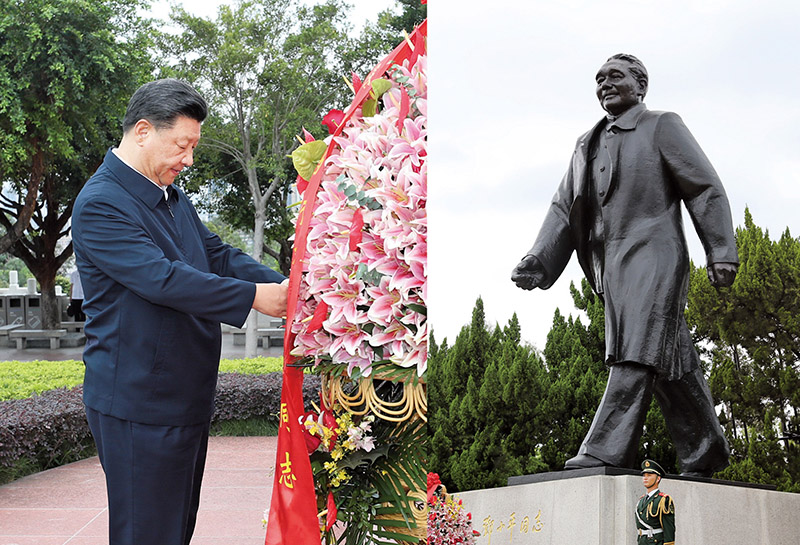 2020年10月14日，習(xí)近平總書記向深圳蓮花山公園鄧小平同志銅像敬獻(xiàn)花籃。