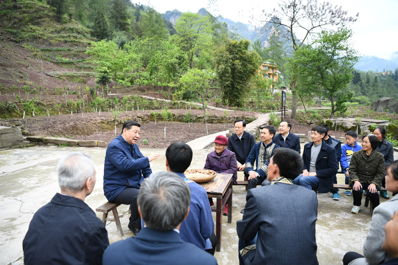 2019年4月15日至17日，中共中央總書記、國家主席、中央軍委主席習(xí)近平在重慶考察，并主持召開解決“兩不愁三保障”突出問題座談會。這是4月15日下午，習(xí)近平在石柱土家族自治縣中益鄉(xiāng)華溪村同村民代表、基層干部、扶貧干部、鄉(xiāng)村醫(yī)生等圍坐在一起，共話脫貧攻堅。新華社記者 謝環(huán)馳 攝