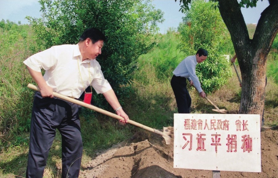 2001年10月，習(xí)近平在龍巖市長汀縣調(diào)研水土流失治理工作，在河田世紀(jì)生態(tài)園為樹培土。圖源：《習(xí)近平在福建（下）》