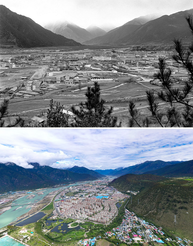 拼版照片：上圖是20世紀90年代的西藏林芝八一鎮(zhèn)；下圖是2021年7月20日拍攝的西藏林芝八一鎮(zhèn)風貌。