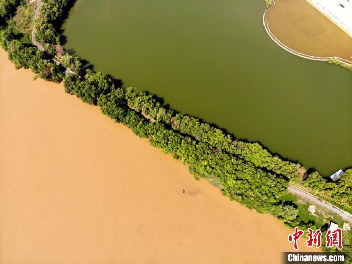 圖為2020年9月3日航拍黃河蘭州段濕地公園現(xiàn)黃河“鴛鴦鍋”。(資料圖) 高瑩 攝